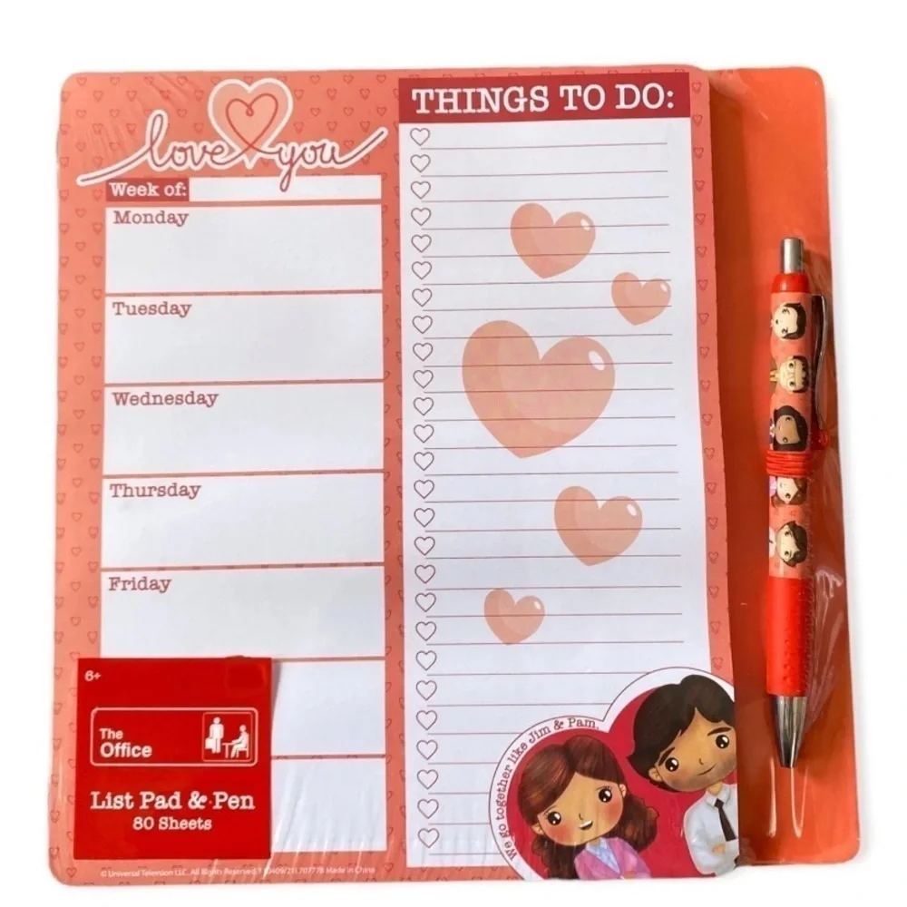 The Office List Pad and Pen Set Jim & Pam Writing Note Pad 80 Sheets NEW